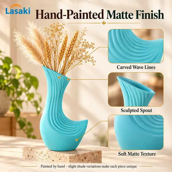 Lasaki_Bela_Ceramic_Flower_Vase,_Hand_Painted_Matte,_8.5_Inch,_Aqua_Blue
