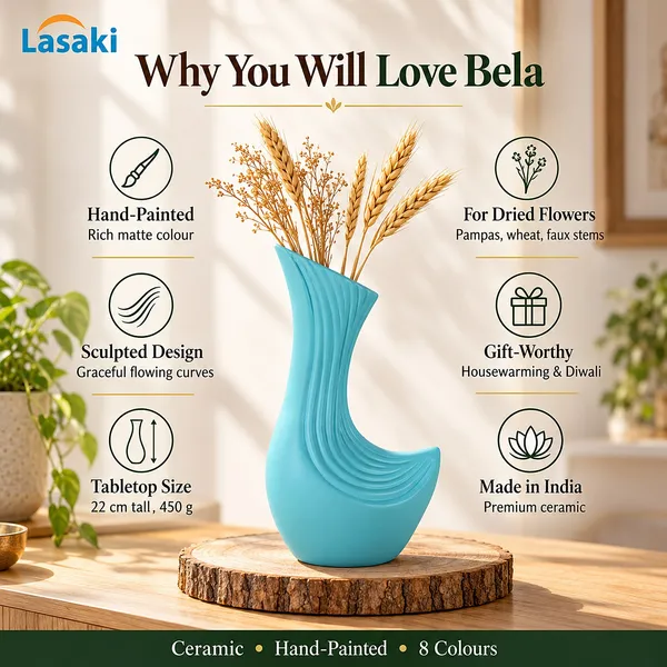 Lasaki_Bela_Ceramic_Flower_Vase,_Hand_Painted_Matte,_8.5_Inch,_Aqua_Blue
