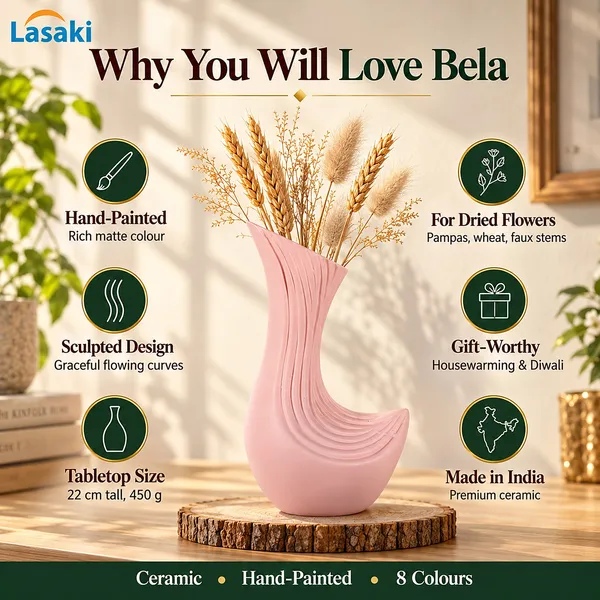 Lasaki_Bela_Ceramic_Flower_Vase,_Hand_Painted_Matte,_8.5_Inch,_Pink