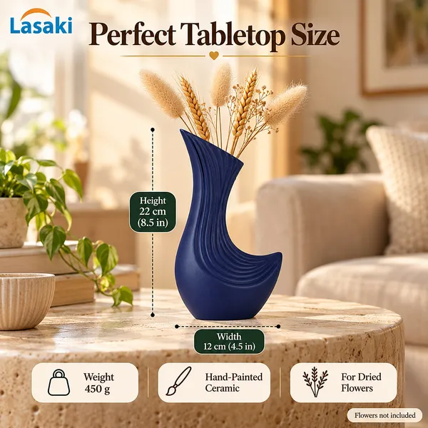 Lasaki_Bela_Ceramic_Flower_Vase,_Hand_Painted_Matte,_8.5_Inch,_Navy_Blue