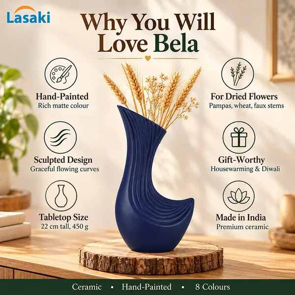 Lasaki_Bela_Ceramic_Flower_Vase,_Hand_Painted_Matte,_8.5_Inch,_Navy_Blue