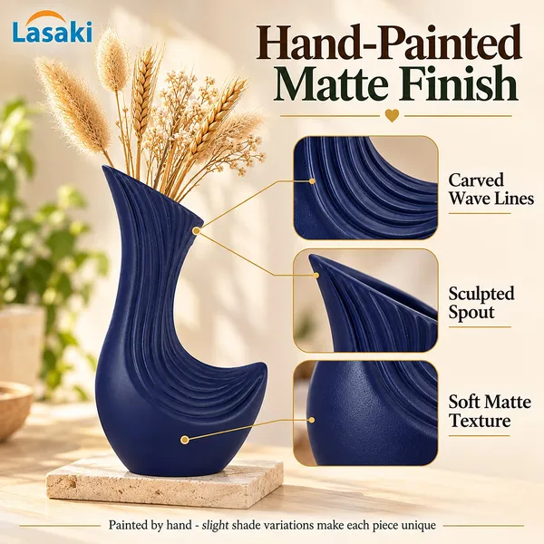 Lasaki_Bela_Ceramic_Flower_Vase,_Hand_Painted_Matte,_8.5_Inch,_Navy_Blue