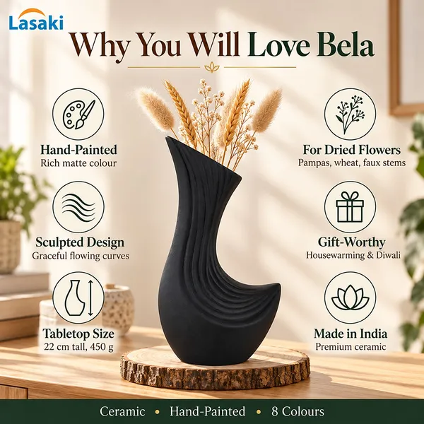 Lasaki_Bela_Ceramic_Flower_Vase,_Hand_Painted_Matte,_8.5_Inch,_Black