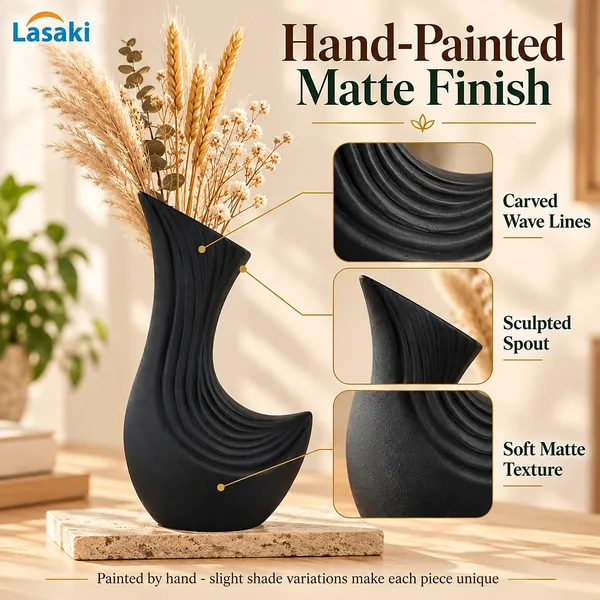 Lasaki_Bela_Ceramic_Flower_Vase,_Hand_Painted_Matte,_8.5_Inch,_Black
