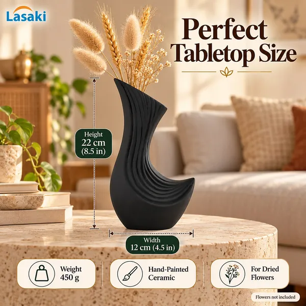 Lasaki_Bela_Ceramic_Flower_Vase,_Hand_Painted_Matte,_8.5_Inch,_Black