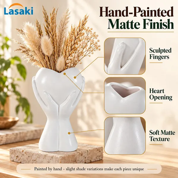 Lasaki_Careo_Ceramic_Flower_Vase,_Hand_Painted_Matte,_7_Inch,_White