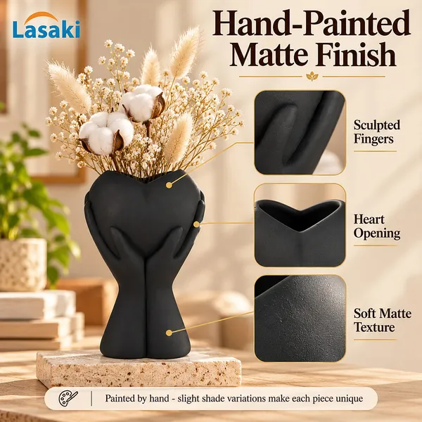 Lasaki_Careo_Ceramic_Flower_Vase,_Hand_Painted_Matte,_7_Inch,_Black