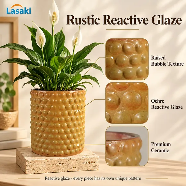 Lasaki_Bubble_Ceramic_Pot_for_Indoor_Plants,_Rustic_Ochre_Textured,_5_Inch