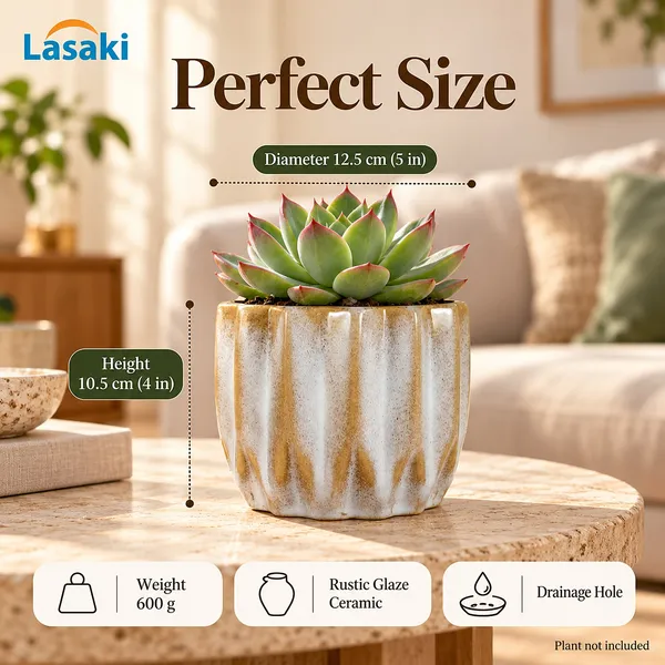 Lasaki_Montra_Ceramic_Pot_for_Indoor_Plants,_Rustic_White_Fluted,_5_Inch