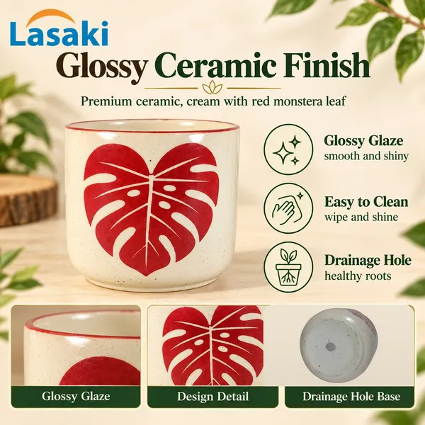 Lasaki_Orin_Ceramic_Pot_for_Indoor_Plants,_Red_Leaf_Design,_5_Inch