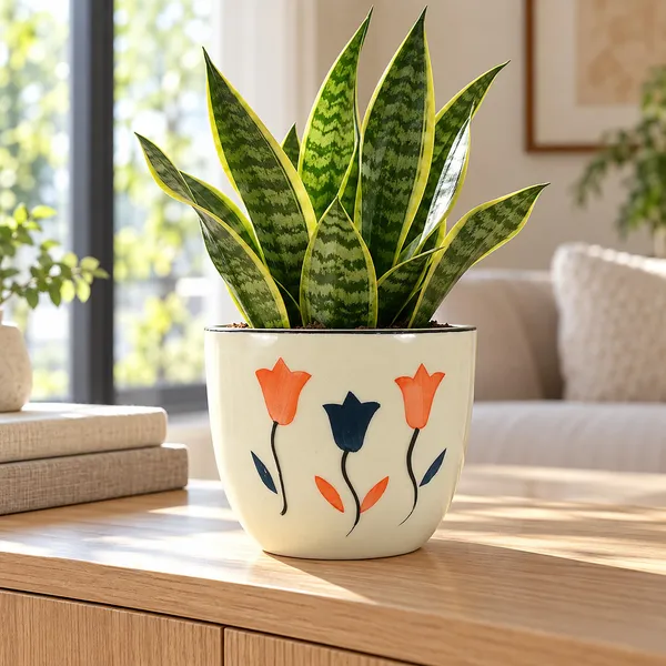 Lasaki_Avani_Ceramic_Pot_for_Indoor_Plants,_Orange_Tulip_Print,_6_Inch
