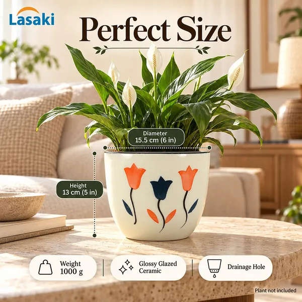Lasaki_Avani_Ceramic_Pot_for_Indoor_Plants,_Orange_Tulip_Print,_6_Inch