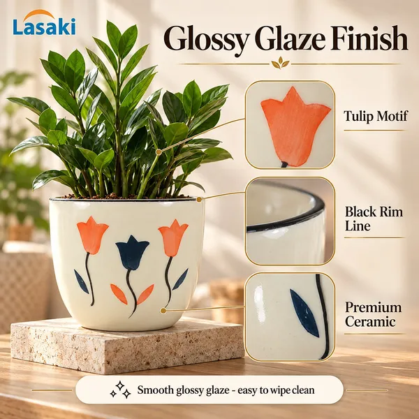 Lasaki_Avani_Ceramic_Pot_for_Indoor_Plants,_Orange_Tulip_Print,_6_Inch