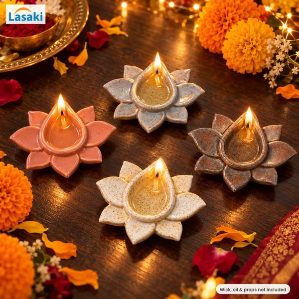 Lasaki_3D_Lotus_Ceramic_Diya_Set_of_8,_Reactive_Glaze,_Multicolour,_3_Inch