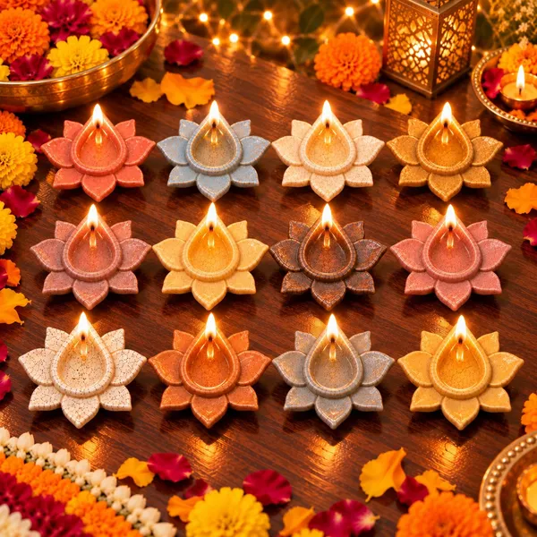 Lasaki_3D_Lotus_Ceramic_Diya_Set_of_12,_Reactive_Glaze,_Multicolour,_3_Inch
