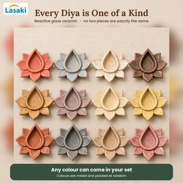 Lasaki_3D_Lotus_Ceramic_Diya_Set_of_12,_Reactive_Glaze,_Multicolour,_3_Inch