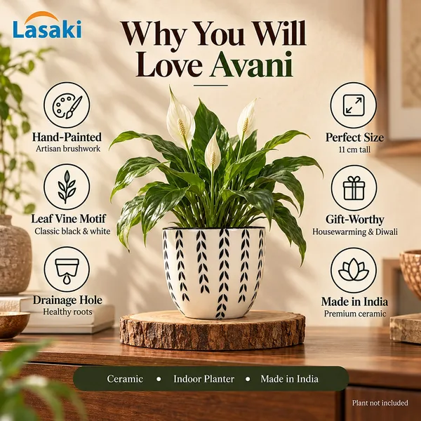 Lasaki_Avani_Ceramic_Pot_for_Indoor_Plants,_Hand_Painted_Black_Leaf,_5_Inch