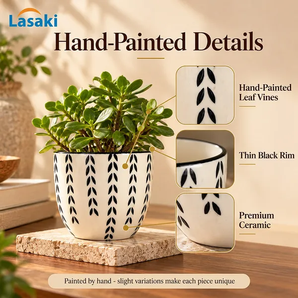 Lasaki_Avani_Ceramic_Pot_for_Indoor_Plants,_Hand_Painted_Black_Leaf,_5_Inch
