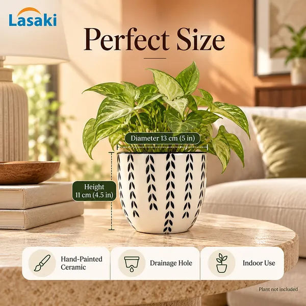 Lasaki_Avani_Ceramic_Pot_for_Indoor_Plants,_Hand_Painted_Black_Leaf,_5_Inch