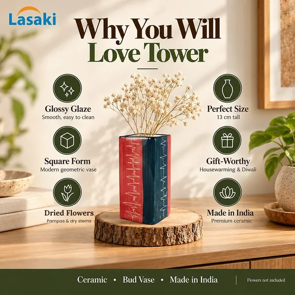 Lasaki_Tower_Ceramic_Bud_Vase_for_Dried_Flowers,_Red_and_Teal,_5_Inch