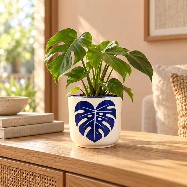 Lasaki_Orin_Ceramic_Pot_for_Indoor_Plants,_Blue_Monstera_Leaf,_5_Inch