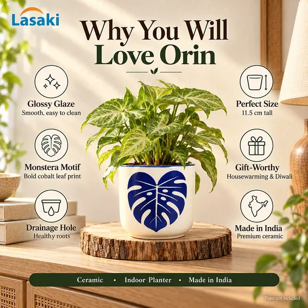 Lasaki_Orin_Ceramic_Pot_for_Indoor_Plants,_Blue_Monstera_Leaf,_5_Inch