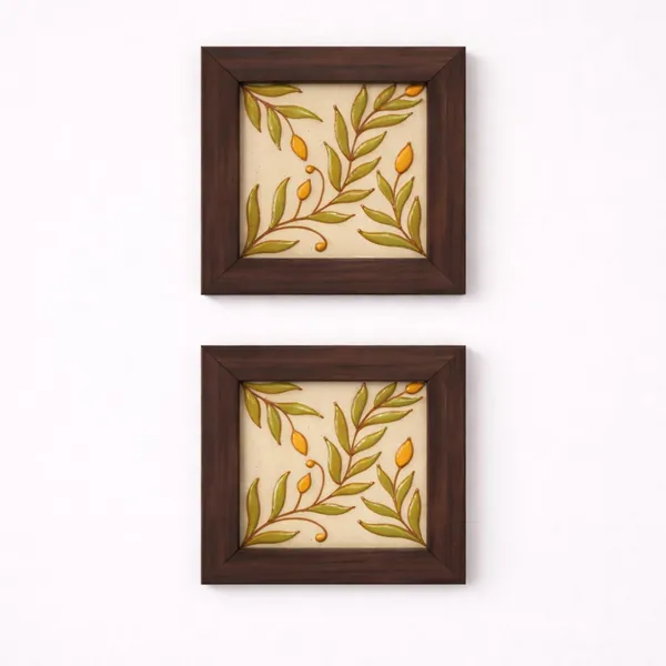 Lasaki_Petalix_green_5.5x5.5_inch_(set_of_2)_with_wooden_frame_Handmade_Ceramic_tiles_for_Kitchen,_Bathroom_&_Wall_D�cor