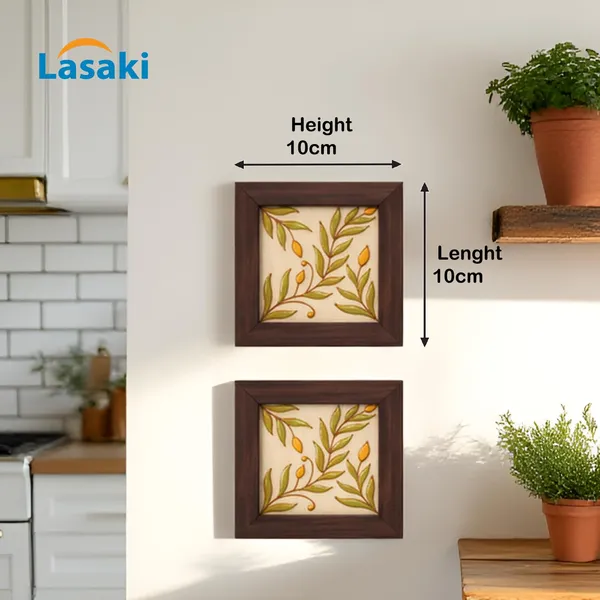 Lasaki_Petalix_green_5.5x5.5_inch_(set_of_2)_with_wooden_frame_Handmade_Ceramic_tiles_for_Kitchen,_Bathroom_&_Wall_D�cor