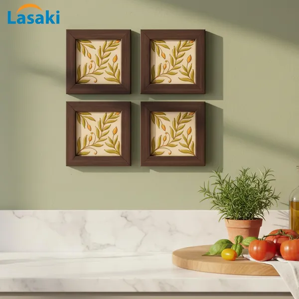 Lasaki_Petalix_green_handmade_tile_5.5x5.5_inch_(set_of_4)_with_wooden_frame_Handmade_Ceramic_tiles_for_Kitchen,_Bathroom_&_Wall_D�cor
