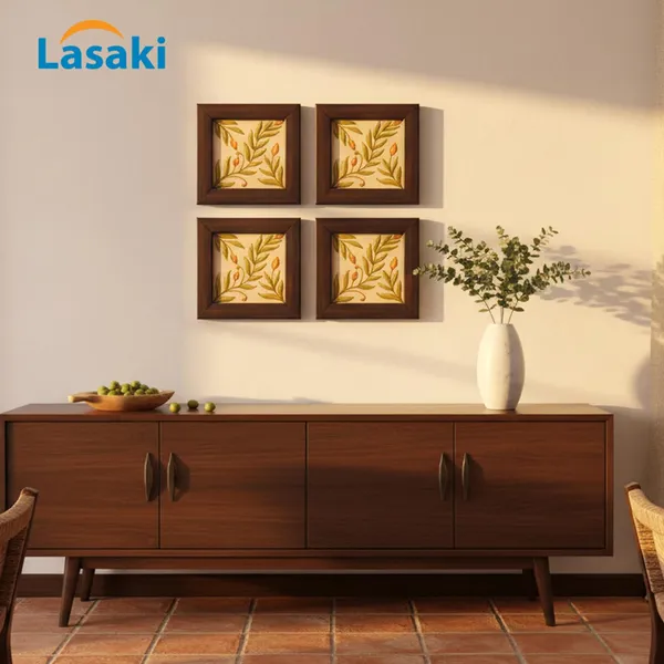 Lasaki_Petalix_green_handmade_tile_5.5x5.5_inch_(set_of_4)_with_wooden_frame_Handmade_Ceramic_tiles_for_Kitchen,_Bathroom_&_Wall_D�cor