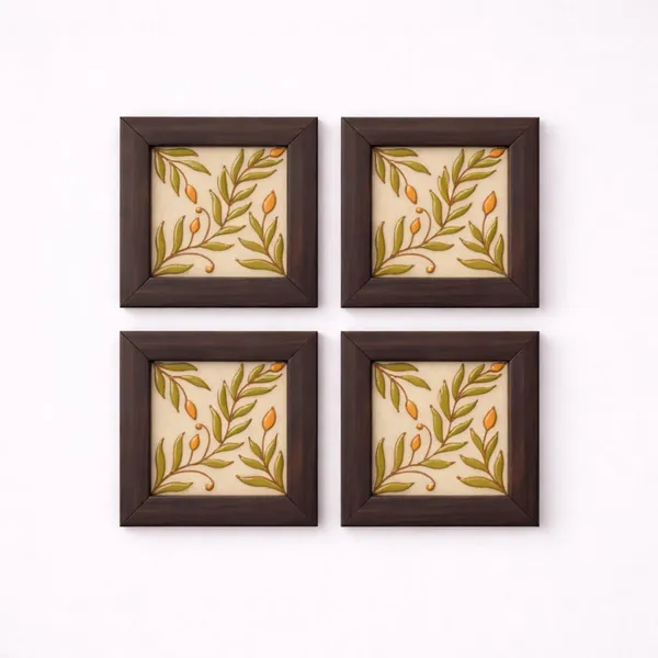 Lasaki_Petalix_green_handmade_tile_5.5x5.5_inch_(set_of_4)_with_wooden_frame_Handmade_Ceramic_tiles_for_Kitchen,_Bathroom_&_Wall_D�cor