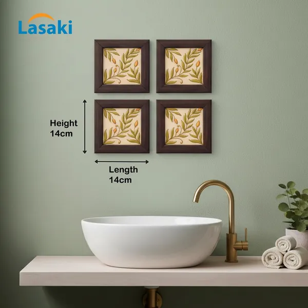Lasaki_Petalix_green_handmade_tile_5.5x5.5_inch_(set_of_4)_with_wooden_frame_Handmade_Ceramic_tiles_for_Kitchen,_Bathroom_&_Wall_D�cor