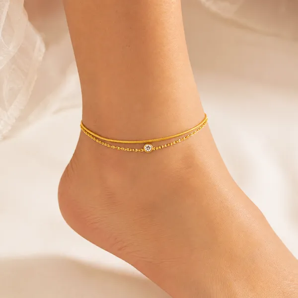RIDHVEE_Gold_Plated_Anti_Tarnish_Double_Layer_Anklet_for_Women_&_Girls_|_Minimal_Crystal_Charm_Chain_Design_|_Premium_Skin_Friendly_Adjustable_Payal_|_Elegant_Daily_Wear_Foot_Jewellery_RV-AT-ANK-006