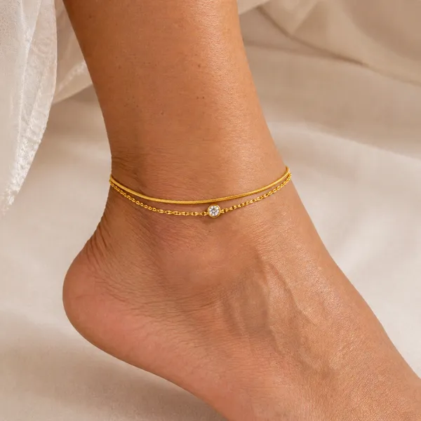 RIDHVEE_Gold_Plated_Anti_Tarnish_Double_Layer_Anklet_for_Women_&_Girls_|_Minimal_Crystal_Charm_Chain_Design_|_Premium_Skin_Friendly_Adjustable_Payal_|_Elegant_Daily_Wear_Foot_Jewellery_RV-AT-ANK-006