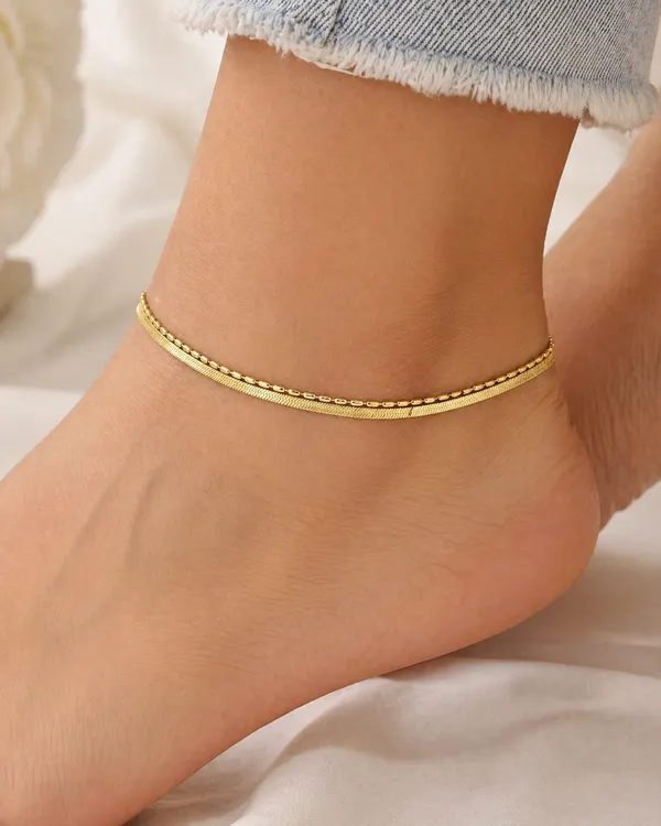 RIDHVEE_Gold_Plated_Anti_Tarnish_Double_Layer_Anklet_for_Women_&_Girls_|_Herringbone_&_Link_Chain_Design_|_Premium_Skin_Friendly_Adjustable_Payal_|_Trendy_Daily_Wear_Foot_Jewellery_RV-AT-ANK-007