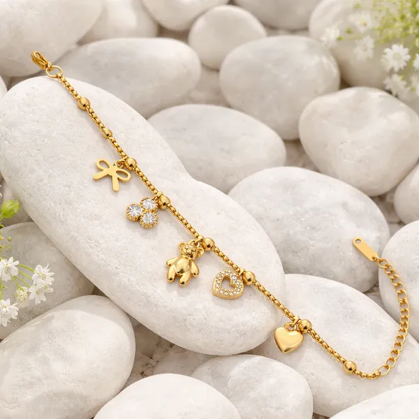 RIDHVEE_Gold_Plated_Anti_Tarnish_Charm_Bracelet_for_Women_&_Girls_|_Cute_Teddy,_Heart_&_Bow_Design_with_American_Diamond_Accents_|_Premium_Skin_Friendly_Adjustable_Chain_Bracelet_|_Party_Wear_Jewellery_RV-AT-BRC-017