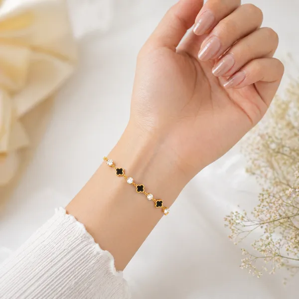 RIDHVEE_Gold_Plated_Anti_Tarnish_Bracelet_for_Women_&_Girls_|_Black_Clover_&_American_Diamond_Chain_Design_|_Premium_Skin_Friendly_Adjustable_Bracelet_|_Elegant_Daily_Wear_Party_Jewellery_RV-AT-BRC-019