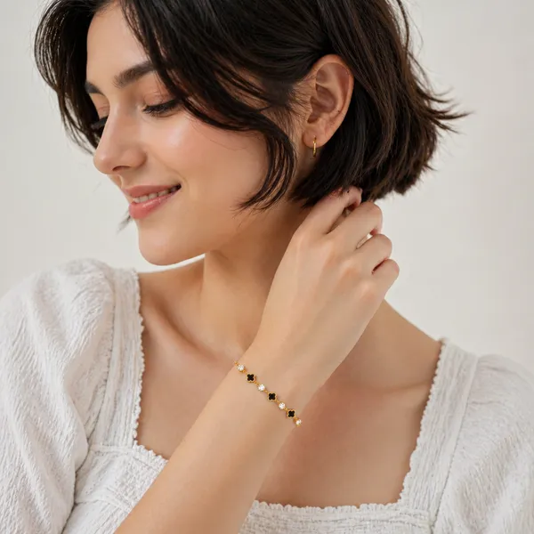 RIDHVEE_Gold_Plated_Anti_Tarnish_Bracelet_for_Women_&_Girls_|_Black_Clover_&_American_Diamond_Chain_Design_|_Premium_Skin_Friendly_Adjustable_Bracelet_|_Elegant_Daily_Wear_Party_Jewellery_RV-AT-BRC-019
