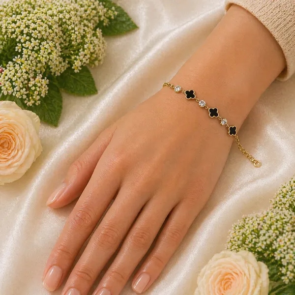 RIDHVEE_Gold_Plated_Anti_Tarnish_Bracelet_for_Women_&_Girls_|_Black_Clover_&_American_Diamond_Chain_Design_|_Premium_Skin_Friendly_Adjustable_Bracelet_|_Elegant_Daily_Wear_Party_Jewellery_RV-AT-BRC-019