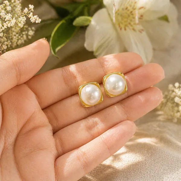 RIDHVEE_Gold_Plated_Pearl_Stud_Earrings_for_Women_|_Anti-Tarnish_Square_Frame_Classic_Pearl_Earrings_|_Elegant_Minimal_Designer_Jewellery_for_Girls_&_Women_(RV-AT-ERG-022)