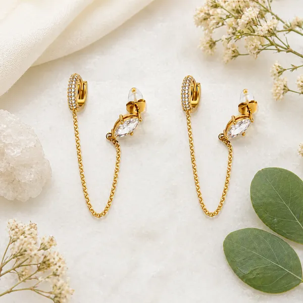 RIDHVEE_Premium_316L_Stainless_Steel_18K_Gold_Plated_Chain_Drop_Earrings_for_Women_|_Anti-Tarnish_Skin_Friendly_CZ_Stud_Hoop_Earrings_with_Safety_Chain_|_Waterproof_Dainty_Luxury_Jewellery_RV-AT-ERG-032