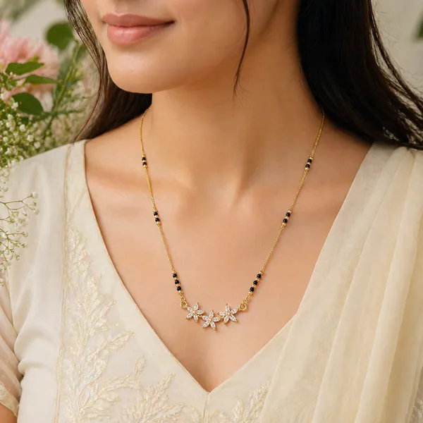 RIDHVEE_Floral_Diamond_Mangalsutra_for_Women_|_Anti-Tarnish_Gold_Plated_Black_Bead_Chain_Necklace_|_American_Diamond_Designer_Pendant_|_Lightweight_Daily_Wear_&_Office_Wear_Jewellery_(RV-AT-MGL-011)