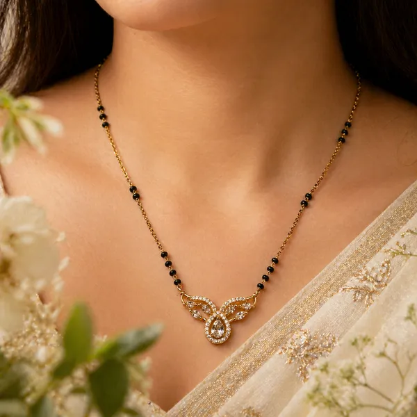 RIDHVEE_Designer_Diamond_Mangalsutra_for_Women_|_Anti-Tarnish_Gold_Plated_Black_Bead_Chain_Necklace_|_American_Diamond_Teardrop_Pendant_|_Lightweight_Daily_Wear_&_Office_Wear_Jewellery_(RV-AT-MGL-012)