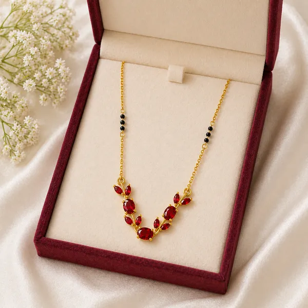 RIDHVEE_Anti-Tarnish_Mangalsutra_for_Women_|_Gold_Plated_Black_Bead_Chain_with_Red_CZ_Stone_Floral_Pendant_|_Latest_Modern_Mangalsutra_Design_|_Daily_Wear_Bridal_Jewellery_Gift_RV-AT-MGL-015