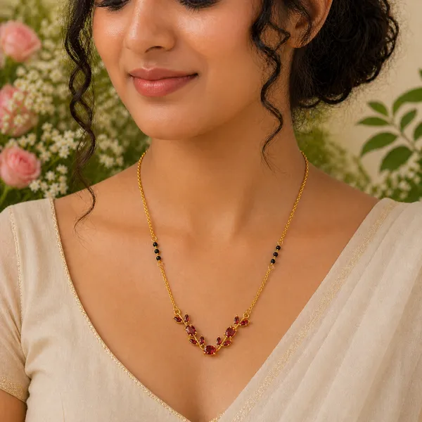 RIDHVEE_Anti-Tarnish_Mangalsutra_for_Women_|_Gold_Plated_Black_Bead_Chain_with_Red_CZ_Stone_Floral_Pendant_|_Latest_Modern_Mangalsutra_Design_|_Daily_Wear_Bridal_Jewellery_Gift_RV-AT-MGL-015