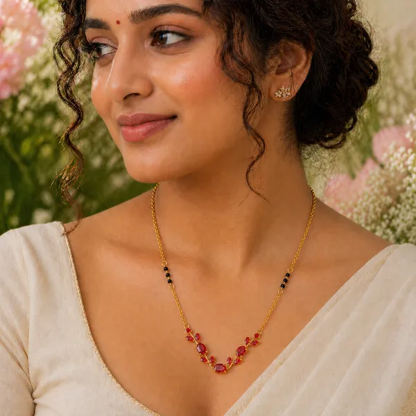 RIDHVEE_Anti-Tarnish_Mangalsutra_for_Women_|_Gold_Plated_Black_Bead_Chain_with_Red_CZ_Stone_Floral_Pendant_|_Latest_Modern_Mangalsutra_Design_|_Daily_Wear_Bridal_Jewellery_Gift_RV-AT-MGL-015