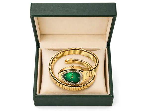 RIDHVEE_Premium_Gold_Plated_Bracelet_Watch_for_Women_|_Anti-Tarnish_Skin_Friendly_Designer_Snake_Chain_Strap_Watch_with_Green_Dial_&_CZ_Stones_|_Luxury_Fashion_Jewellery_Watch_RV-AT-WTC-008