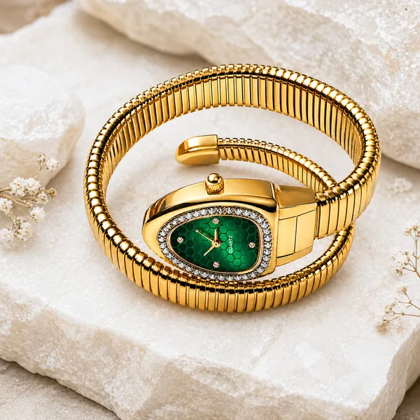 RIDHVEE_Premium_Gold_Plated_Bracelet_Watch_for_Women_|_Anti-Tarnish_Skin_Friendly_Designer_Snake_Chain_Strap_Watch_with_Green_Dial_&_CZ_Stones_|_Luxury_Fashion_Jewellery_Watch_RV-AT-WTC-008