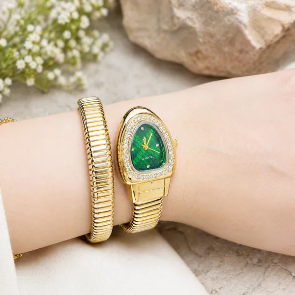RIDHVEE_Premium_Gold_Plated_Bracelet_Watch_for_Women_|_Anti-Tarnish_Skin_Friendly_Designer_Snake_Chain_Strap_Watch_with_Green_Dial_&_CZ_Stones_|_Luxury_Fashion_Jewellery_Watch_RV-AT-WTC-008