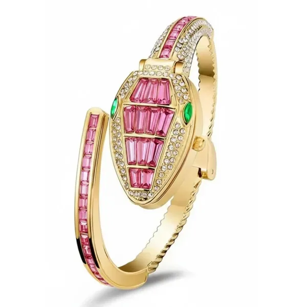 RIDHVEE_Premium_Gold_Plated_Bracelet_Watch_for_Women_|_Anti-Tarnish_Skin_Friendly_Designer_Pink_CZ_Studded_Cuff_Watch_with_Emerald_Accents_|_Luxury_Fashion_Jewellery_Watch_RV-AT-WTC-010